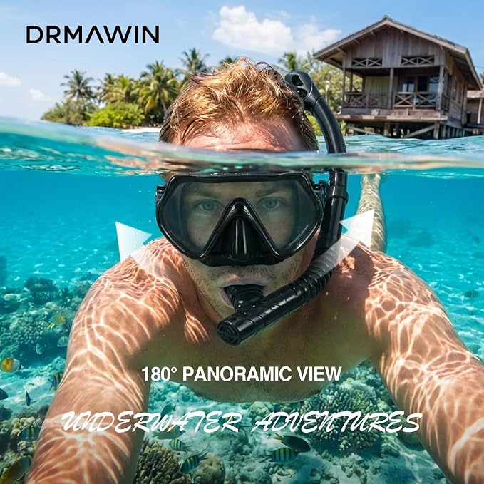 DRMAWIN Snorkeling Gear for Adults & Kids, Dry-Top Snorkel Set with 180° Tempered Glass Mask, Anti-Fog Anti-Leak, Travel Mesh Gear Bag