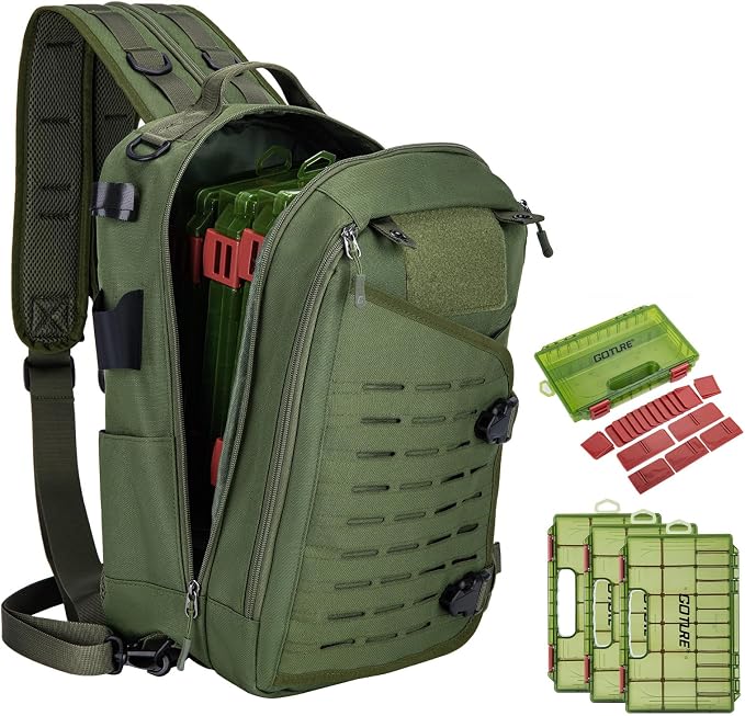 Goture Green Tackle Bag with 3600 Trays, Rod Holder 900D Fishing Tackle Storage Bag for Kayak, Shore Fishing