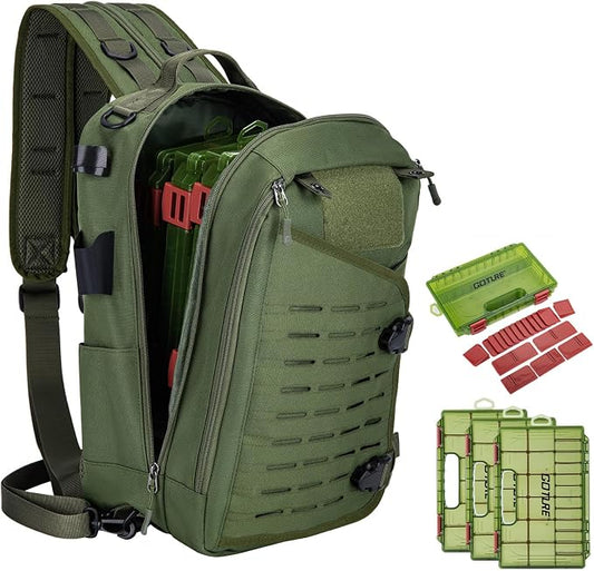 Goture Green Tackle Bag with 3600 Trays, Rod Holder 900D Fishing Tackle Storage Bag for Kayak, Shore Fishing
