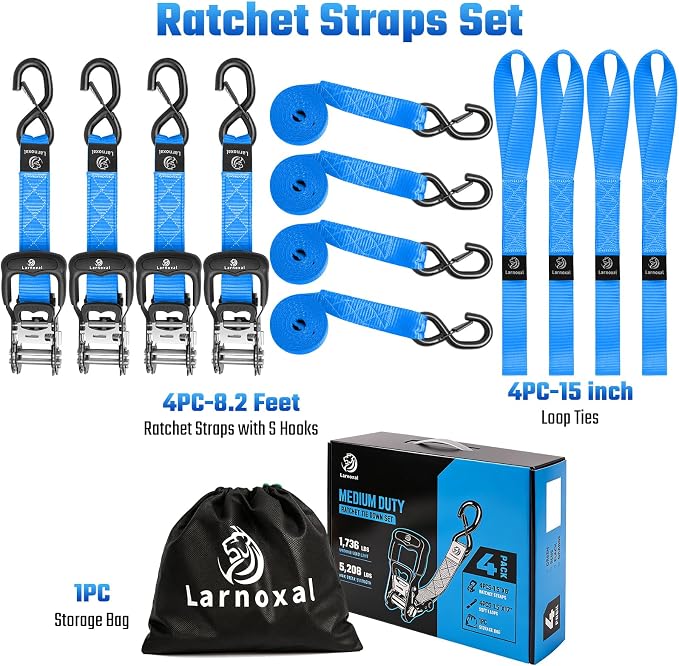 Ratchet Straps, 1.5 inch x 8.2 ft(4 Pack) Heavy Duty Tie Down Straps, Ratchet Tie Down Straps with Soft Loops-5,208 lbs (Blue)