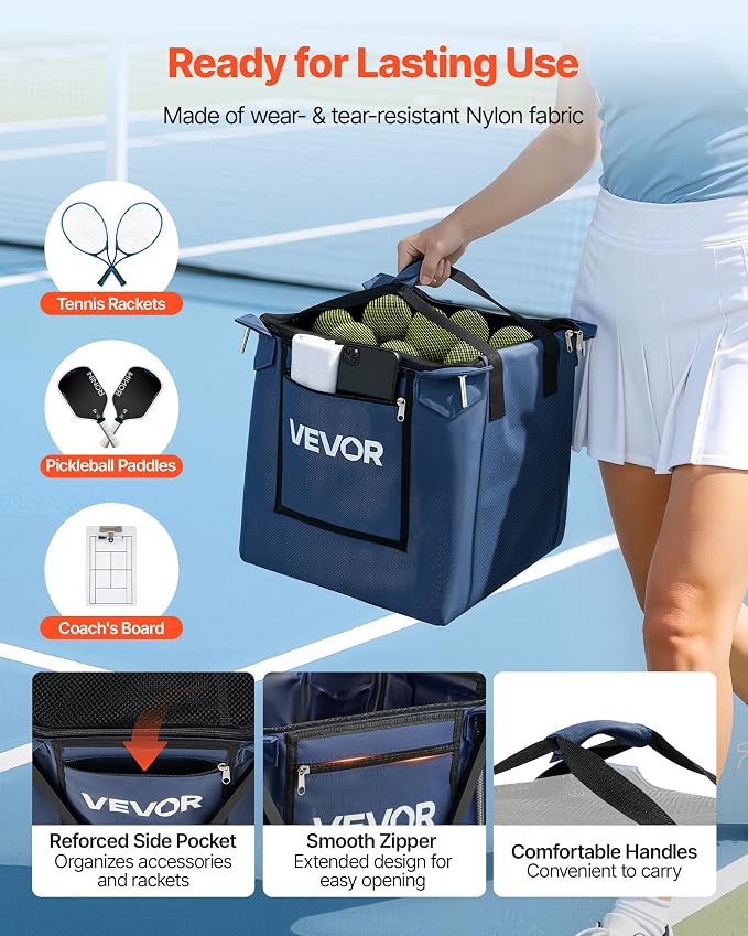 VEVOR Tennis & Pickleball Hopper Holds 200/175/150/120 Balls, 3-in-1 Tennis Foldable Pickleball Basket Cart for Easy Installation, Storage Bag for Tennis Training & Teaching