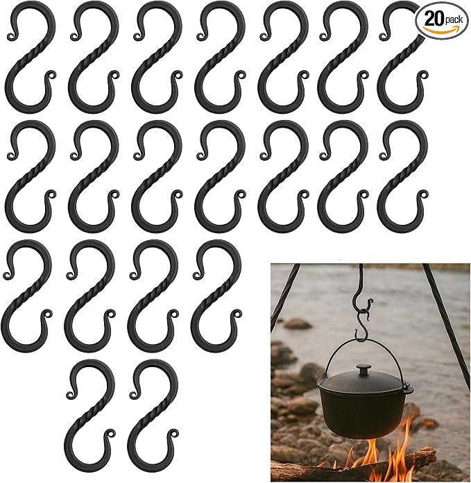 Lord of Battles Twisted Hand Forged Iron S-Hooks Set of 20 - Rustic Black S-Shaped Hanging Hooks for Kitchen Utensils, Pots & Pans, Camping, Garden & Medieval Decor