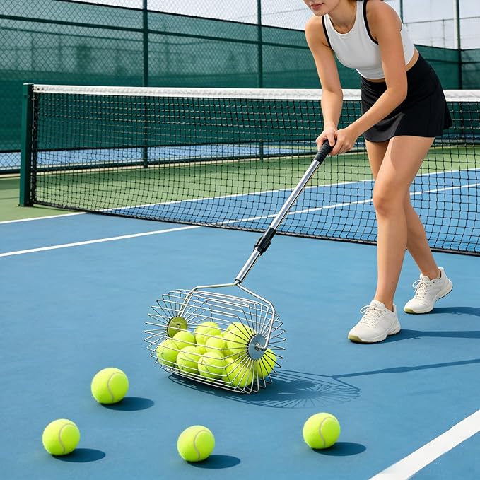 Stainless Steel Tennis Ball Picker Upper Adjustable Cylinder Hopper with Hangable Handle, Portable Tennis Ball Collector and Basket for Easy Pickup and Training, Holds 60+ Balls