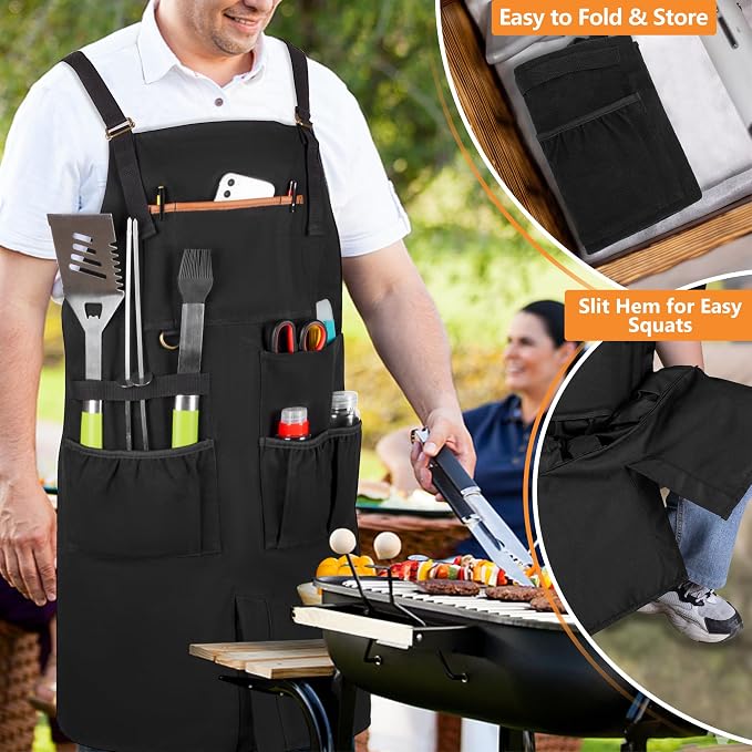 HODRANT Hanging Camp Utensil Organizer & Anti-oil BBQ Grilling Apron, Camping Kitchen Cookware Bag with Towel Paper Holder & Cooking Apron for Men & Women with Dual Shoulder Straps & Adjustable Buckle