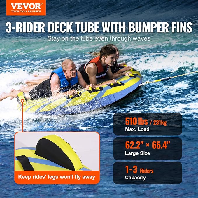 VEVOR Towable Tubes for Boating, 1-4 Riders Inflatable Boat Tubes & Towables, 340-680 lbs Capacity, Multiple Sizes with Full Nylon Cover, Padded/EVA Handles, Fins & Safety Valve (Multi-Option)