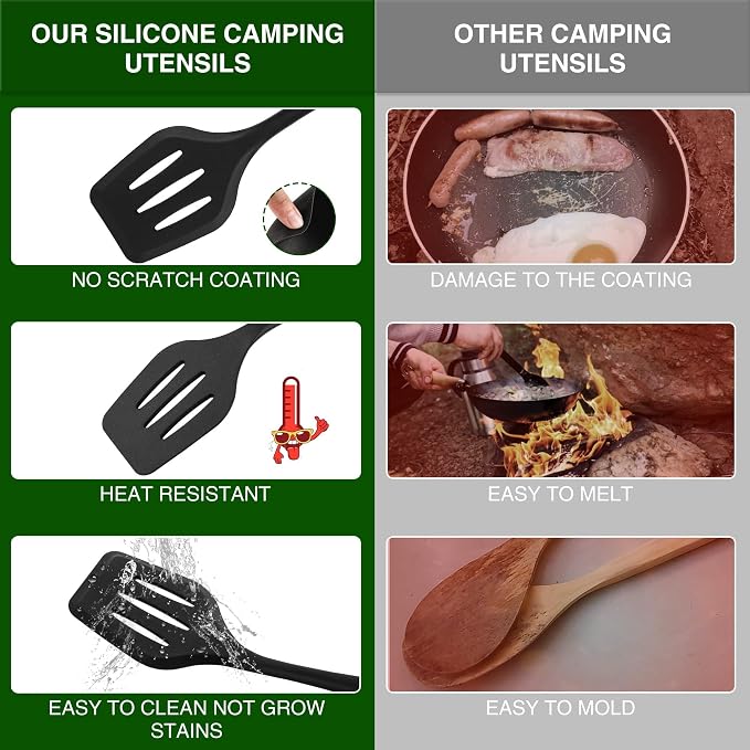 Wesqunie Camping Essentials Cookware Cooking Utensils Set - Portable Camp Kitchen Mess Kit Outdoor Accessories, Stainless Steel & Silicone, Camping Gear Equipment for RV Picnic Grill, 14PCS Black