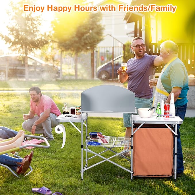 Tangkula Folding Camping Kitchen Table, Aluminum Portable Camping Grill Table with Windscreen, Cook Station, Outdoor Quick Set-up Camp Cook Table with Storage Organizer Shelves, Carry Bag