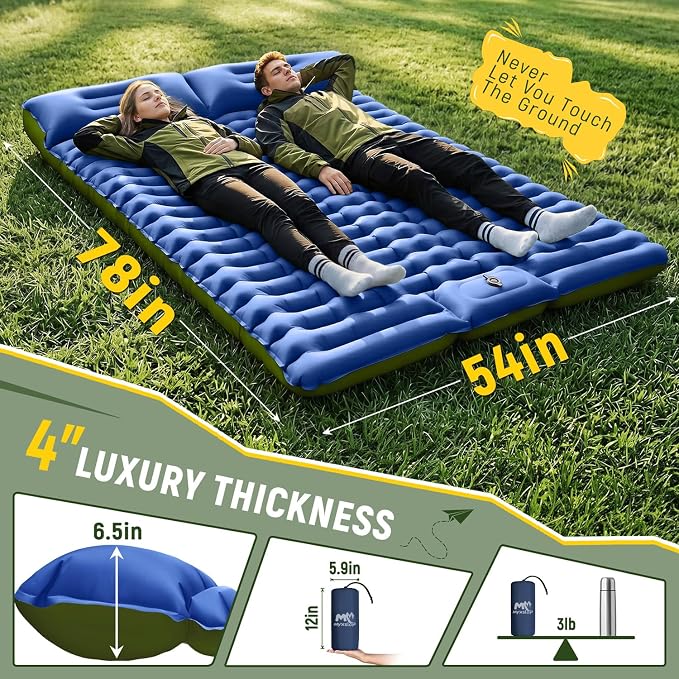 Myxslop Double Sleeping Pad - Ultralight Sleeping Mat with Built-in Foot Pump & Pillow, Portable Inflatable 2 Person Camping Mattress Pad Compact for Backpacking Hiking Tent Beach Camping Pad
