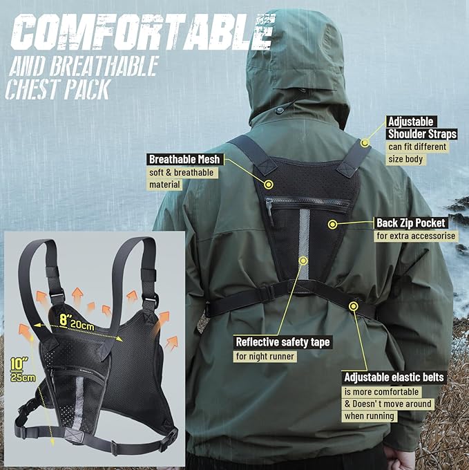 RXW Outdoor Sport Chest Rig for Men Women, Running Vest Bag with Pack Holster, Chest Pack Built in Phone Holder for Cycling, Camping,Travel, Hiking, Workouts, EDC（Black）