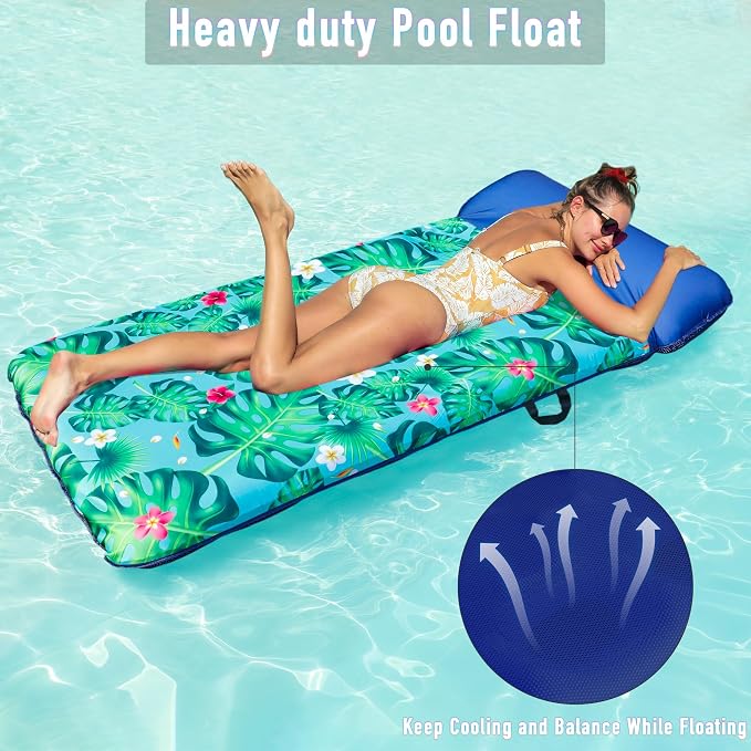 FindUWill Oversized Pool Float Lounge, 72" X 37" Extra Large Fabric-Covered Pool Floats for Adults, Inflatable Contour Lounger with Headrest Ultra-Comfort Cooling Pool Raft (XL, Monstera)