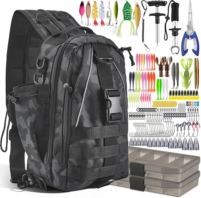 Fishing Tackle Backpack with 2 Tackle Boxes, 208PCS Complete Fishing Gear Kit for Beginners, Waterproof Fishing Bag Organizer with Fish Hook Remover, Lip Gripper, Pliers, Ideal Gift for Men