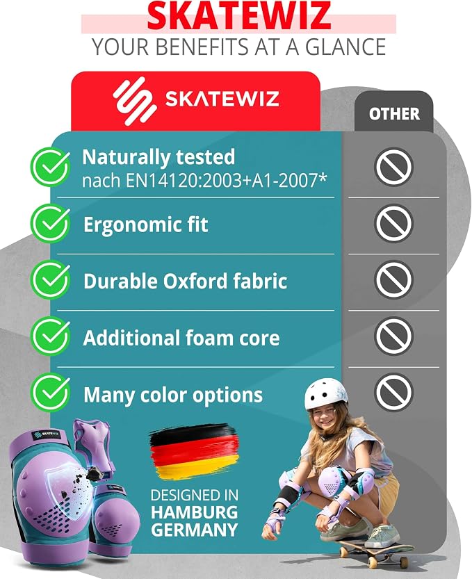SKATEWIZ Skateboard Pads Protective Gear Set for Kids and Adults - Smash - Roller Skate Pads [6pc] with Wrist Guards - Skating Protective Gear - Roller Derby