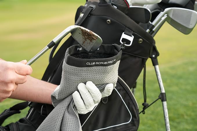Club Scrub Towel Pro, Golf Club and Ball Cleaning Pouch with Attached Towel, Waterproof Exterior, Clean Face Technology Liner, Machine Washable, Cleans Club Grooves, Waffle-Weave Microfiber (Gray)