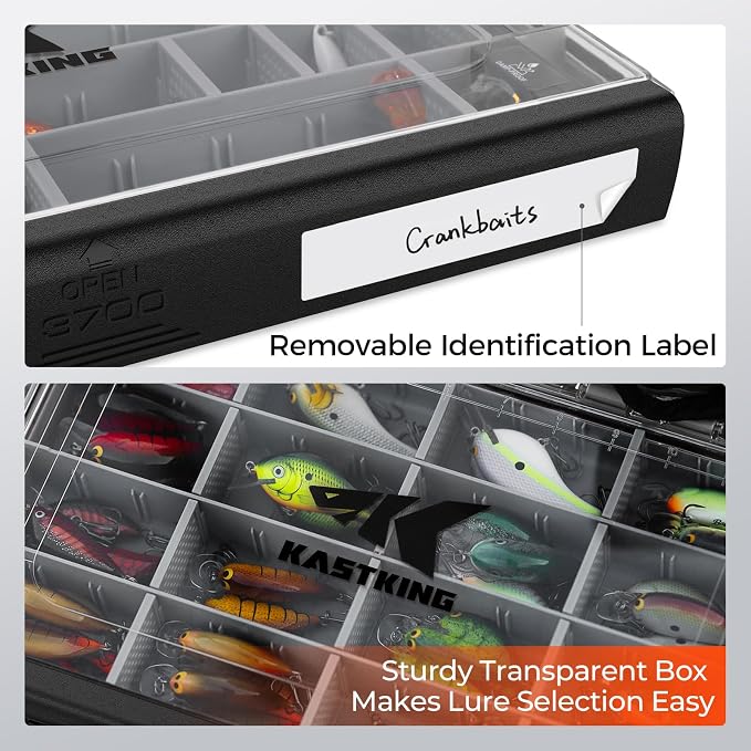KastKing HyperSeal Waterproof Tackle Box, 3700 2 Packs，Black | 3700 Tackle Trays; Tackle Box Organizer;Removable Dividers; One-Hand Open and Close；Fishing Gear Storage