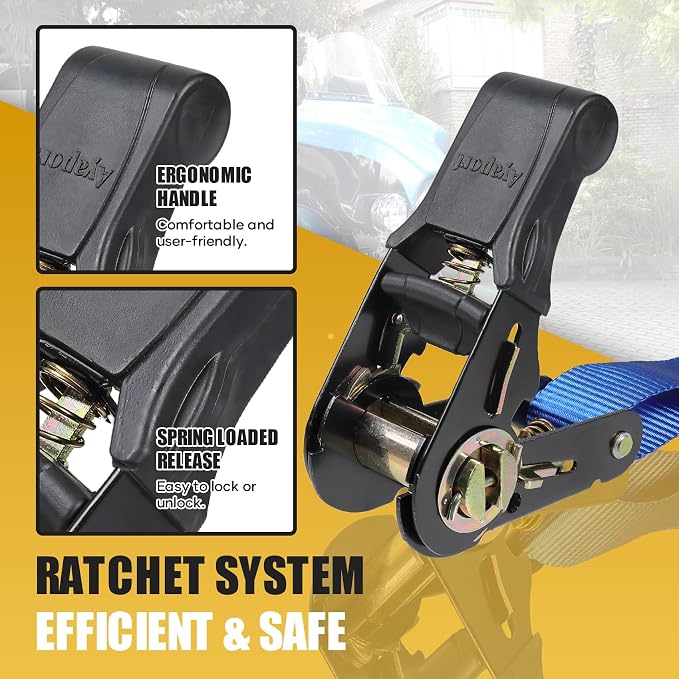 Ayaport Ratchet Straps Tie Downs, 1" x 10' Heavy Duty Ratchet Tie Down Straps, 1860lbs Break Strength, Larger Open S Hook W Safety Clip, Ratchet Strap for Motorcycle, Cargo, Truck Bed, Moving