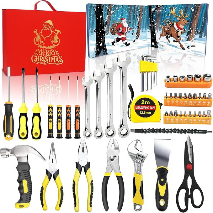 Hand Tool Advent Calendar With Storage Box for Adult Men,Household Hand Tools Set Christmas Stocking Stuffers Gifts for Men,Xmas Holiday Surprise White Elephant Gift for Dad Husband Boyfriend