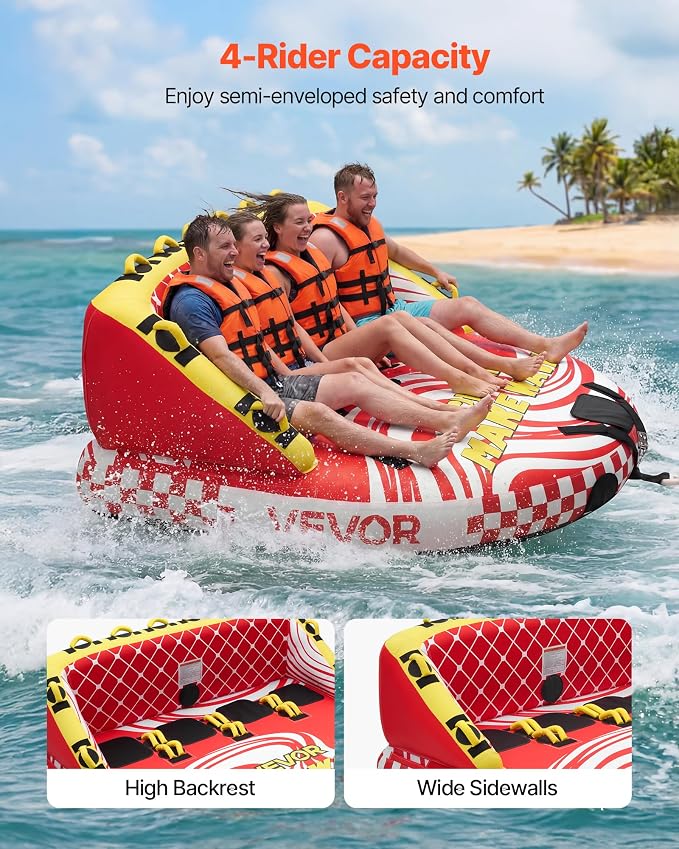 VEVOR Towable Tubes for Boating, 4-Rider Inflatable Towable Tube for Boat to Pull, 680 lbs Capacity Water Sports Boating Tubes - with Full Nylon Cover, Dual Tow Points, Safety Valve & Padded Handles