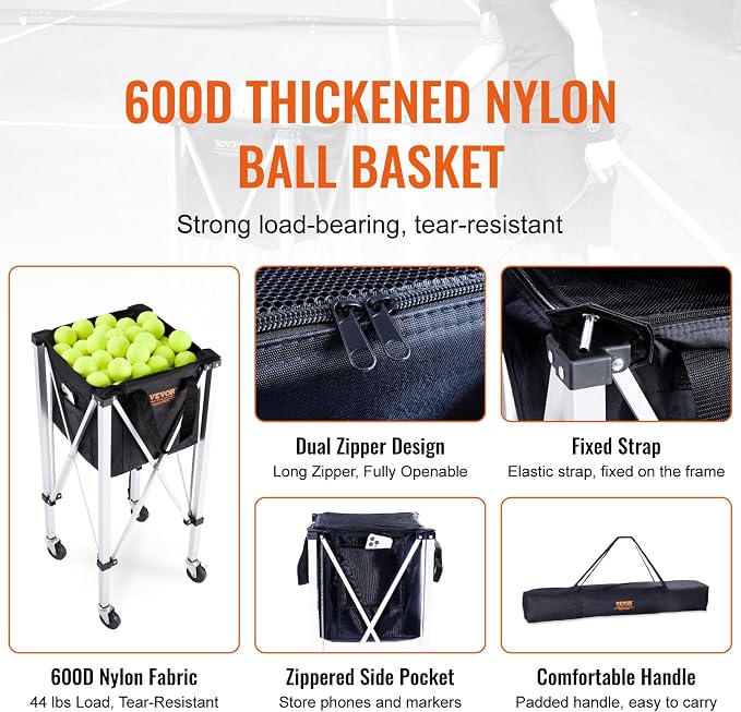 VEVORFoldable Tennis Ball Hopper, Holds 150-180 Tennis Balls, Lightweight Aluminum Alloy Tennis Ball Basket Cart with Wheels for Tennis Player