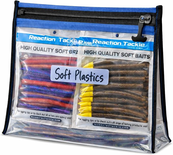 Reaction Tackle Waterproof Clear Tackle Bags, Dive Rated Zipper Submersion Proof Storage for Soft Plastics and Lures, Gusseted and Flat for Boats and Kayaks (2-Pack)
