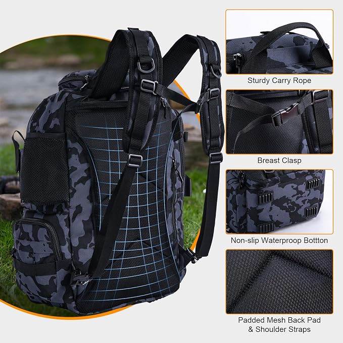 Goture 40L Fishing Tackle Backpack with Cooler and Removable Bait Binder, 900D Water-Resistant Tackle Backpack with 2 Rod Holders, Fishing Bag Storage Gear Tackle Bag with Rain Cover Camouflage