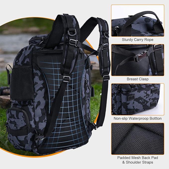 Goture 40L Large Camouflage Fishing Backpack, 900D Tear-Resistant Tackle Bag with Cooler & Rain Cover & 3600 Trays, Freshwater Saltwater
