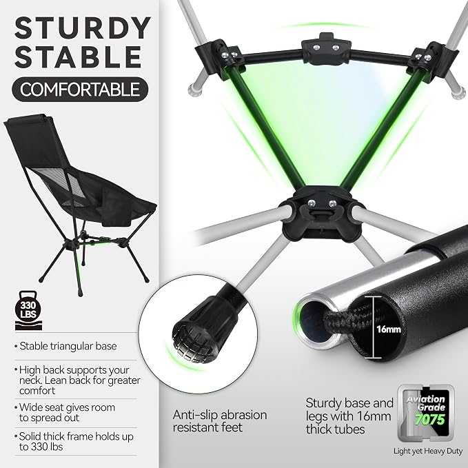 MARCHWAY Lightweight Folding High Back Camping Chair with Head Support, Stable Portable Compact for Outdoor Camp, Travel, Beach, Picnic, Festival, Hiking, Backpacking (Highback Black)
