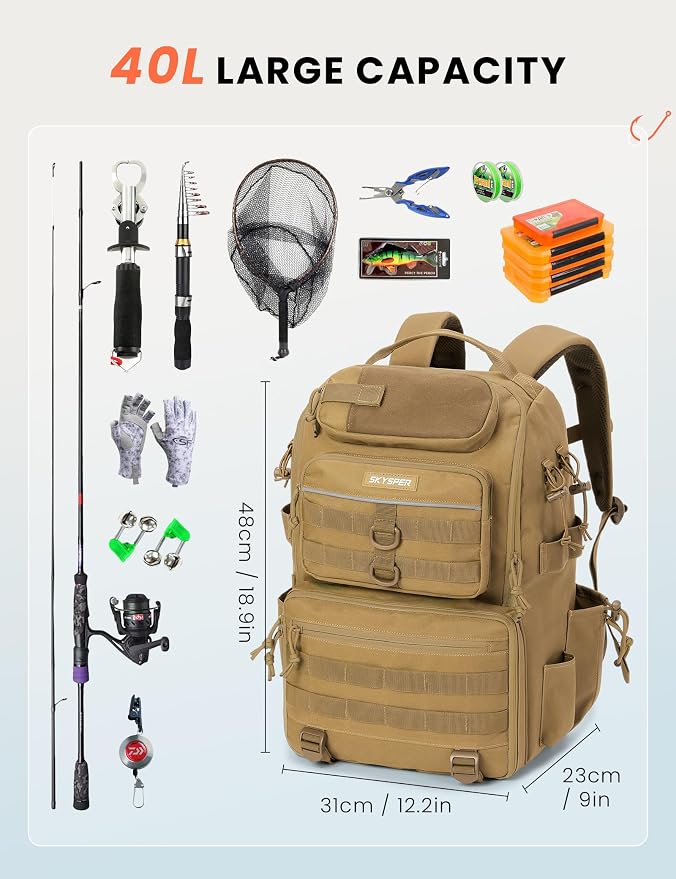 SKYSPER Tackle Backpack Fishing Bags with Rod Holder, 40L Water-Resistant Tackle Box Storage Bag for Fishing Gear Lures(Khaki)