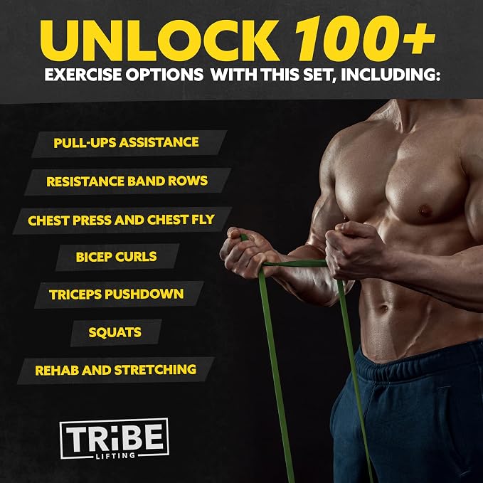 Tribe Lifting Resistance Bands for Working Out Men and Women - Set of 5 Pull Up Bands for Strength Training, Exercise Bands with Handles, Door Anchor and Bar Options for Home Gym