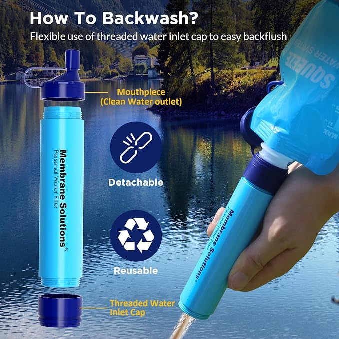 Membrane Solutions Squeezable Water Filtration System, Survival Water Purifier Kit, Portable Backpacking Gear Including Water Filter Straw and 23oz Collapsible Bottle for Hiking Camping Travel(5+6)