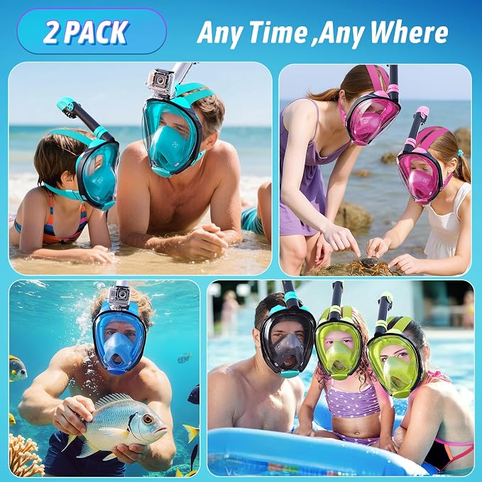 Greatever G2 Adults Kids Full Face Snorkel Mask 2 Pcs,Snorkeling Gear with Latest Dry Top System,Foldable 180 Degree Panoramic View,Safe Breathing,Anti-Leak&Anti-Fog Snorkeling Mask with Camera Mount