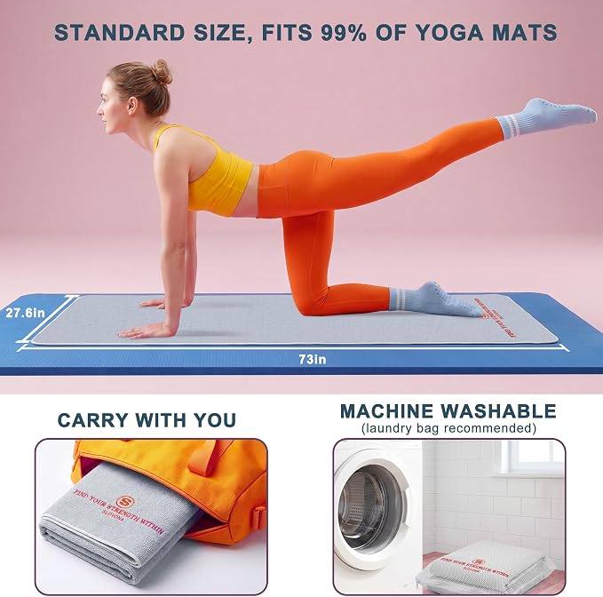 Upgraded Yoga Mat Towel with Bonus Grip Socks Lavender Gray | Elegant Embroidered, 1-Second Sweat Absorption & Non-Slip | Machine Washable Microfiber | Hot Yoga, Pilates | 73''*27.6''