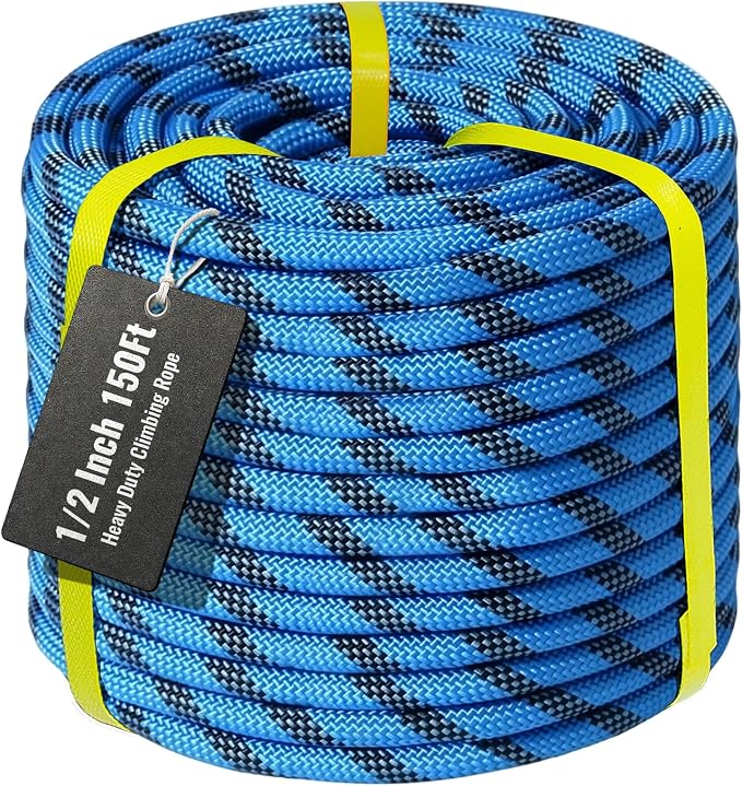 1/2Inch Arborist Rope 150Ft - 9000lbs Heavy Duty Nylon Rope Rappelling Rope, Double Braided Arborist Bull Rope for Tree Work, Hiking, Rigging, Pulling, Swing, Caving, Sailing - Blue