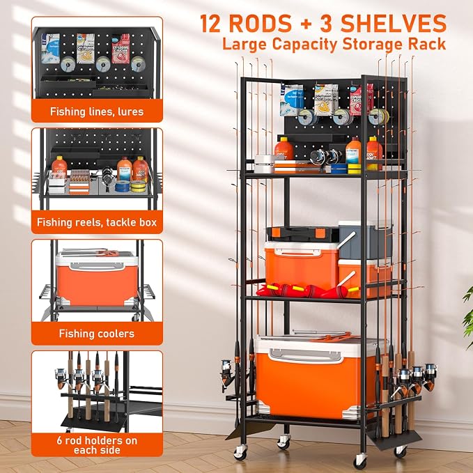 12-Rod Fishing Pole Holders for Garage, 3-Shelf Fishing Rod Holder with Pegboard and Trays, 360° Rotatable, Rolling Fishing Storage Cart with Wheels for Tackle Box & Fishing Gear Organization