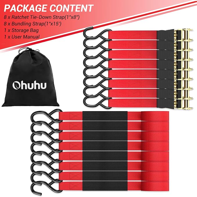 Ratchet Tie Down Strap 8-Pack 15 Ft - 500 lbs Load Cap with 1500 lbs Breaking Limit, Ohuhu Ratchet Tie Downs Logistic Cargo Straps for Moving Appliances, Motorcycle (Red)