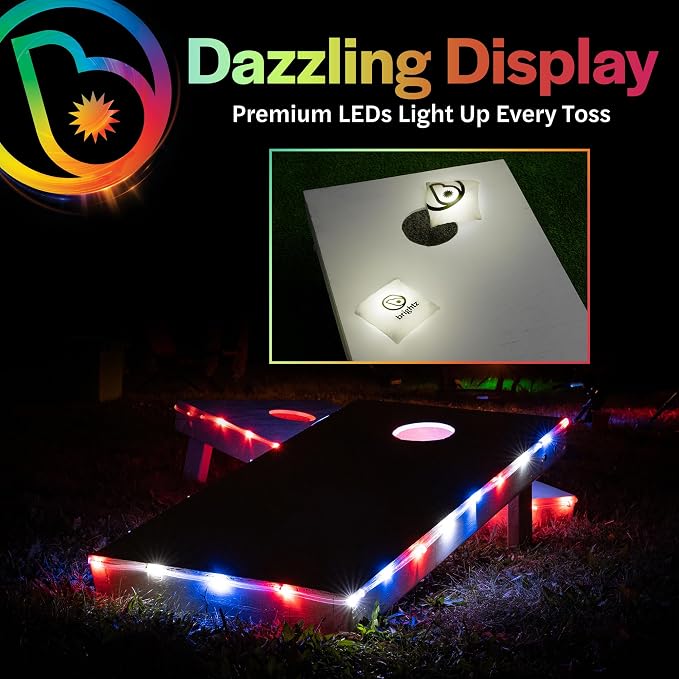 Brightz Cornhole Board Edge Lights with LED Bags - Includes 4-Pack of LED Cornhole Bags + TossBrightz Cornhole Board Edge Lights - The Ultimate Night Time Cornhole Master Set
