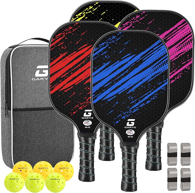 GARYE Pickleball Paddles Set of 4, Carbon Fiber Pickle Ball Paddle, USAPA Approved Lightweight Rackets 4 Pack for Adults and Teenagers, Includes 6 Balls, 1 Bag, and 4 Grip Tapes
