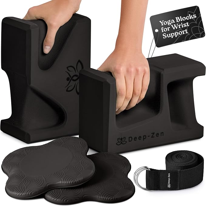 PRO Yoga Blocks | Ergonomic Yoga Block 2 Pack for Wrist Comfort and Support | EVA Foam Exercise Blocks, 2x Knee Pads & Yoga Strap | Pilates Block Set | Bricks to Eliminate Wrist Pain