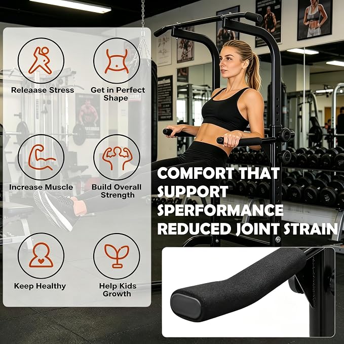 Power Tower Pull Up Bar and Dip Station, 11-Height Adjustable Pull Up Bar Station for Home Gym, Multi-Function Strength Training Fitness Equipment for Pull Ups, Dips, Push Ups & Knee Raises