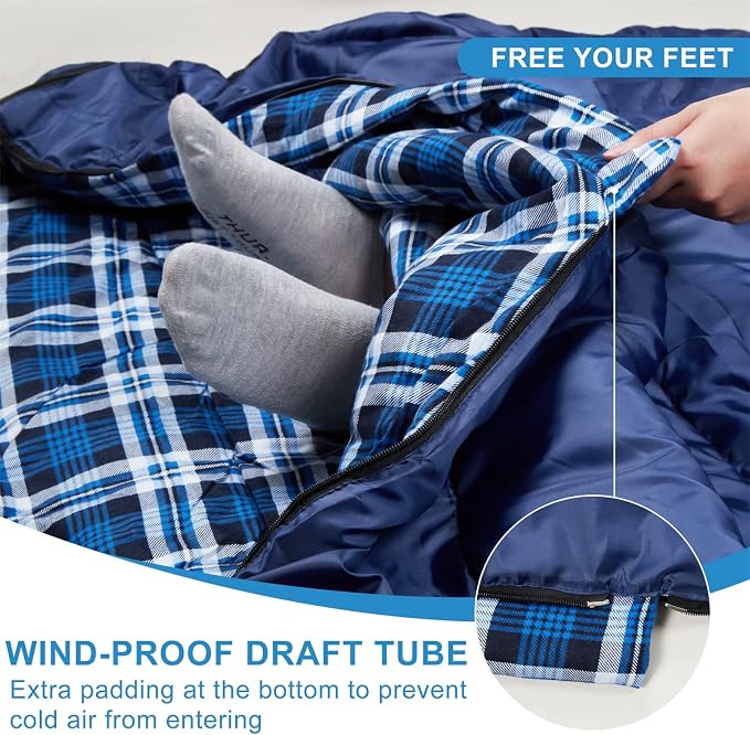 Cotton Flannel Double Sleeping Bag for Camping, Backpacking Or Hiking. Queen Size 2 Person Waterproof Sleeping Bag for Adults Or Teens. Lightweight with Compression Sack