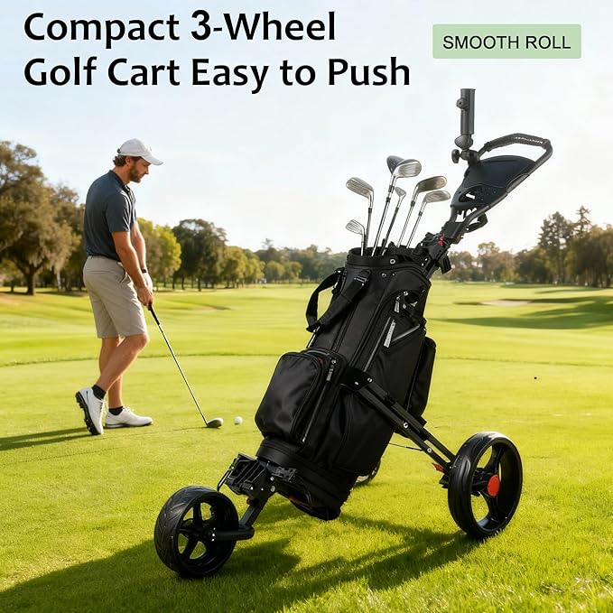 3 Wheel 360 Rotating Front Wheel Golf Push Cart Lightweight and Foldable Walking Golf Cart Umbrella Holder Included (3 Wheel)