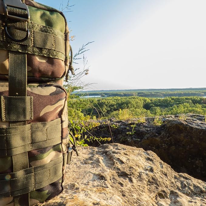 FOX OUTDOOR PRODUCTS Medium Transport Pack | 29L Tactical Backpack with Organizer Pockets, MOLLE Webbing & Hydration Sleeve, Woodland Camo