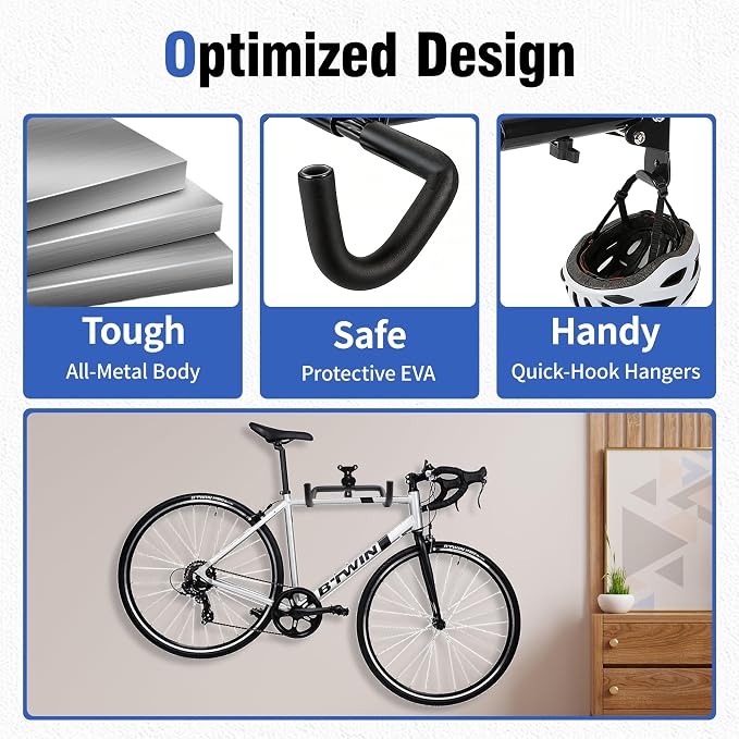 2 Pack Bike Wall Mount, Horizontal Bike Rack garage, Cycling Wall Mounted Holder Hook - Heavy-Duty Adjustable Bike Wall Hanger for Road, Mountain and Hybrid Bikes in Garage Apartment & Home