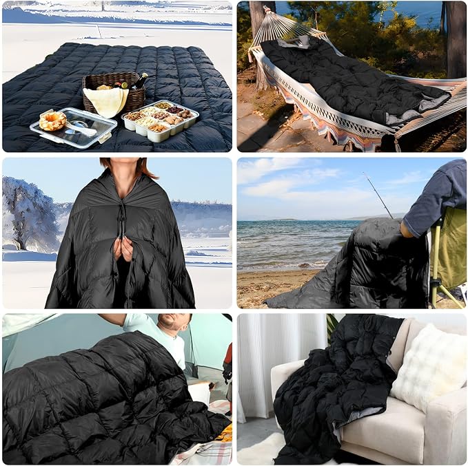 Down Camping Blanket - Lightweight, Packable, Warm & Puffy Outdoor Travel Quilt for Sleep, Hiking, Backpacking, Stadium, Festivals, Water-Resistant Sleeping Bag 55"x79"