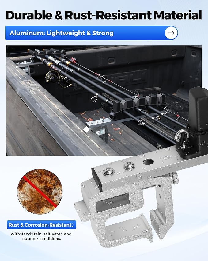 Aluminum Fishing Rod Holder for Truck Bed Holds 4 Fishing Rods, Truck Bed Fishing Rod Holder for Pickup, Gift for Truck Owners, Fishing, Outdoors, Dad, Family