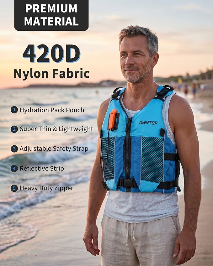Owntop Swim Jacket Adult Youth | Hydration Pack | Dual Mesh Pockets | Attached Whistle | Ultra-Thin for Freer Movement | Kayak, Boating, Fishing, All Watersports