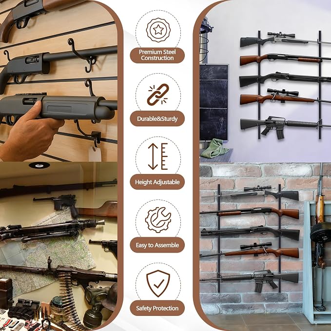 Zonon Gun Racks for Wall Holds up 5 Guns Adjustable Steel Gun Rack Wall Mount Rifle Shelf Display Stand for Indoor Securely Hold, Fishing Rod Pole Rack