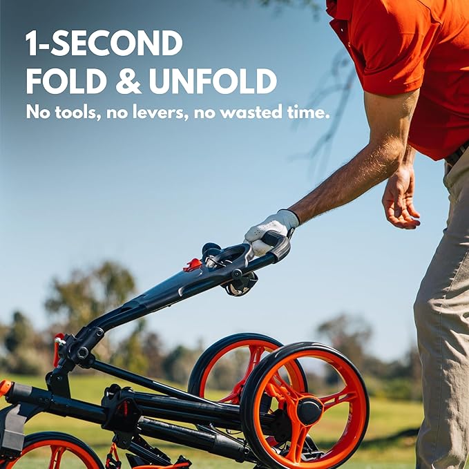 Qwik-Fold Golf Push Cart 4-Wheel with Foot Brake – 1-Second Fold Golf Trolley, Lightweight Aluminum Frame, Adjustable Handle, Ball-Bearing Wheels & Umbrella Holder