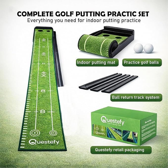 Putting Green Indoor | Wrinkle-Free Golf Mat with Auto Ball Return | Non-Slip Surface & Alignment Markings for Accurate Putting Practice at Home, Office & Outdoors | Improve Stroke Control & Precision