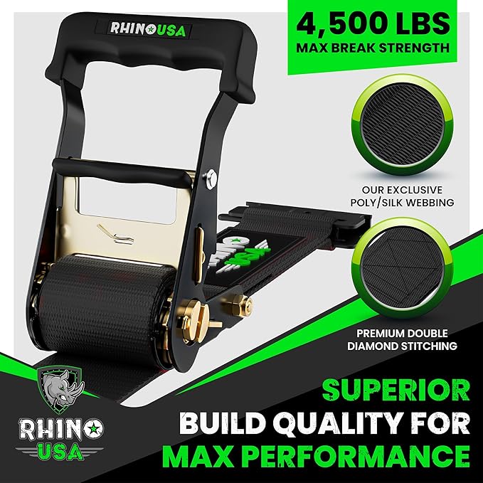 Rhino USA E Track Ratchet Tie Down Straps (4,500lb Break Strength) - Includes (4) Premium 2" x 16' eTrack Tie Downs - Ultimate Heavy Duty eTrack Cargo Strap System for Trailer, Truck, Motorcycle