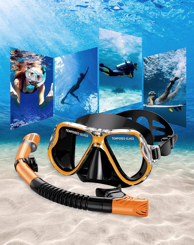 Greatever Dry Snorkel Set,Panoramic Wide View Anti-Fog Scuba Diving Mask,Professional Snorkeling Gear for Adults Kids